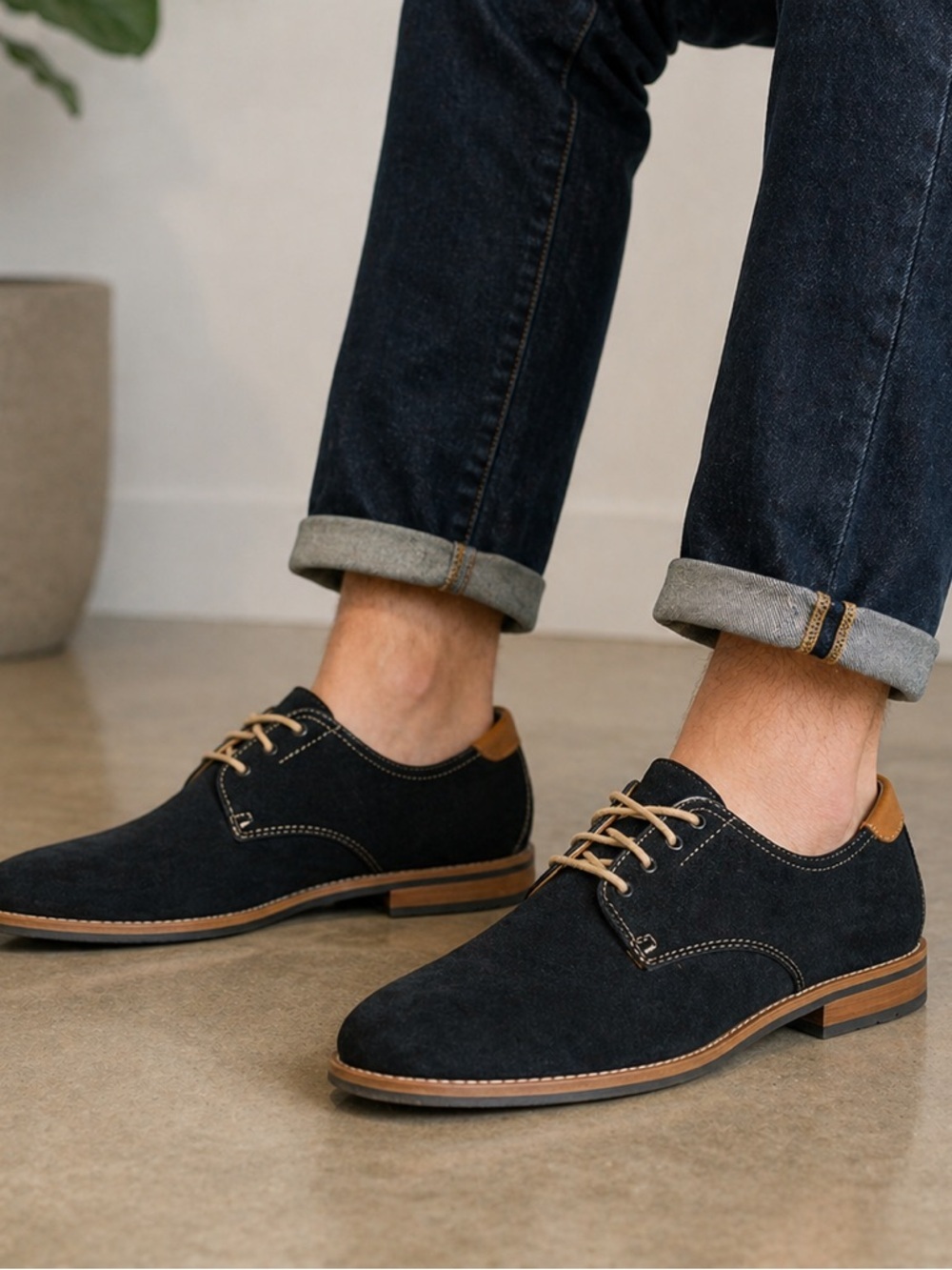 Steve Madden Navy Suede Derby Shoes Mens 8 Tan Lace Dress Casual Preppy Oxford